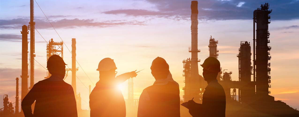 Engineering workers surveying plant equipment