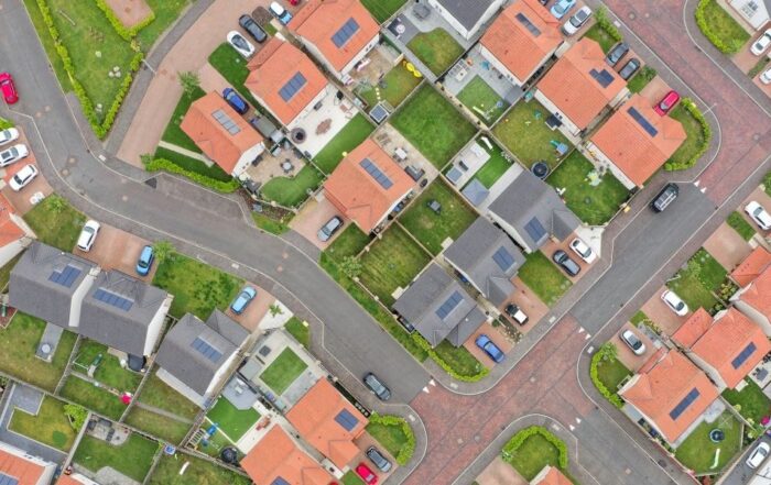 Idox HMLR API Integration, bird's-eye view of new build housing development
