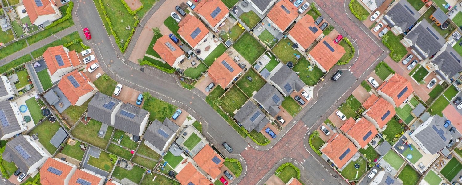 Idox HMLR API Integration, bird's-eye view of new build housing development