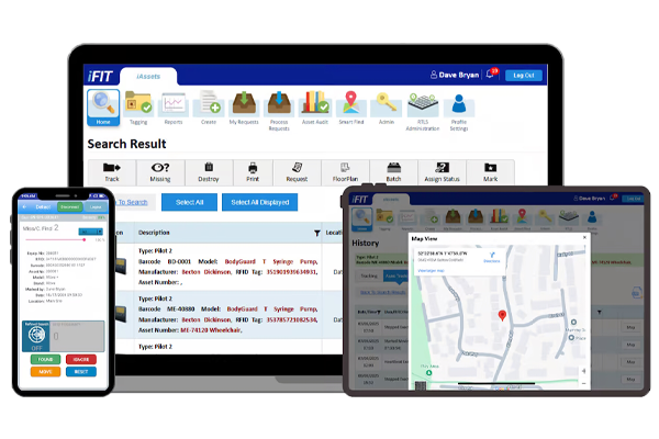 Idox-iassets-search-result-dashboards Idox iAssets search results dashboard on a monitor with a tablet and phone displaying search results