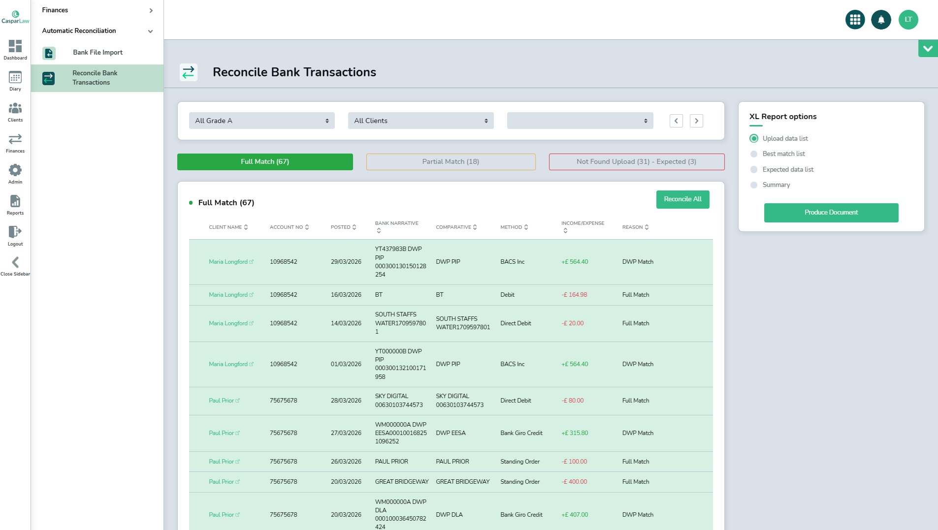Idox CasparLaw software screenshot showing automatic reconciliation and financial management features