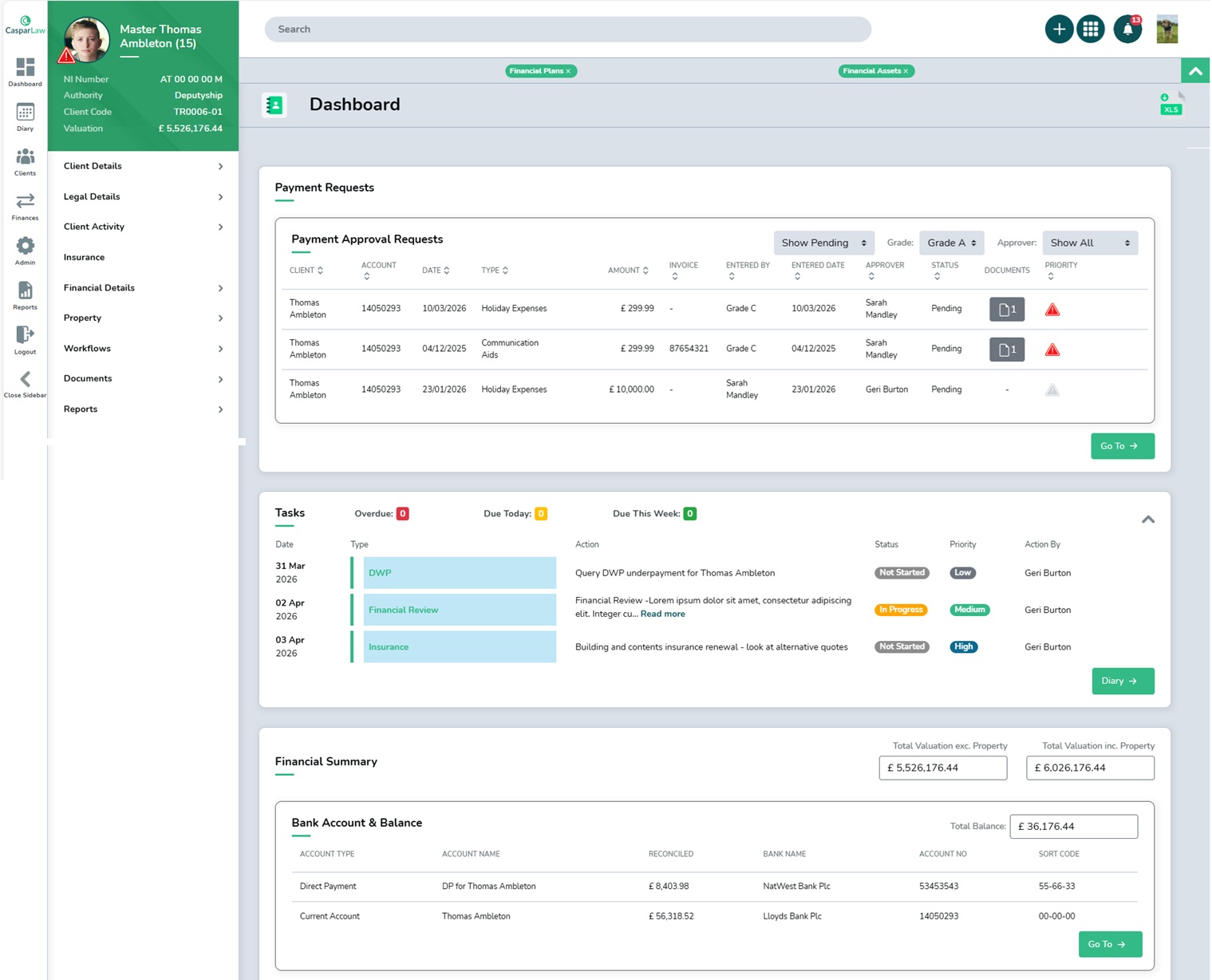 Idox CasparLaw software screenshot showing legal client dashboard and case overview