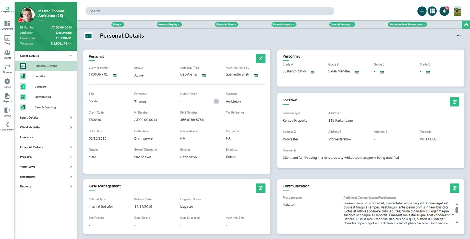 Idox CasparLaw software screenshot displaying client details and legal case information