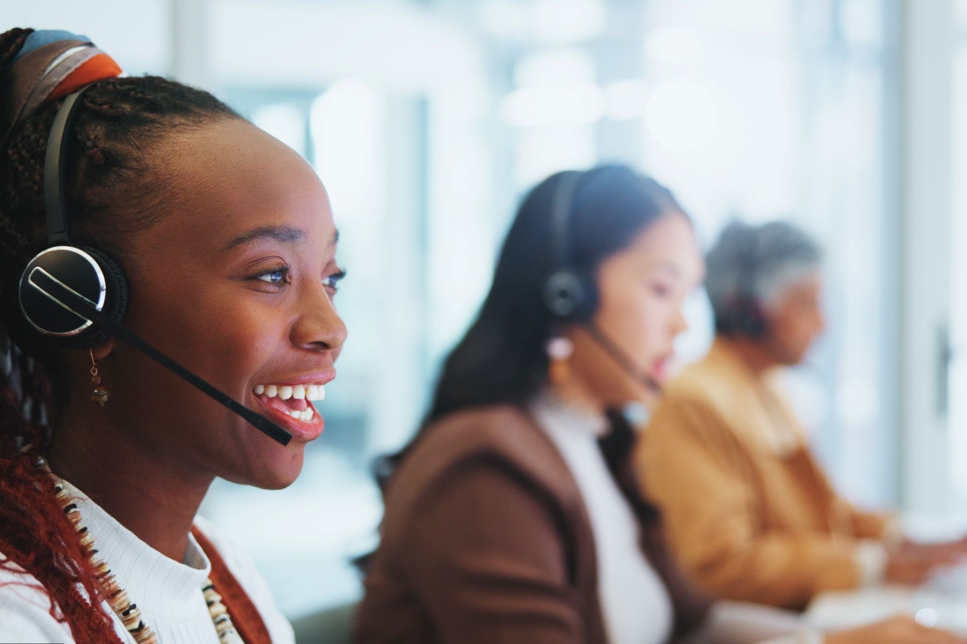 Idox_Engage_WebAgent_Service_First_Organisations_Three_Call_Centre_Agents Idox Engage supporting customer service teams in contact centre environment