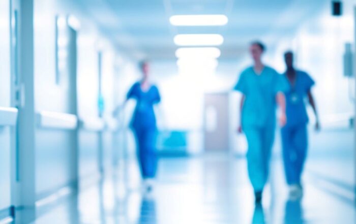 Hospital interior with medical equipment and healthcare staff